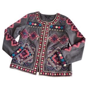 Indigo Moon Boho Decorated Front Pocket Blazer Jacket Women’s Medium Gray Multi